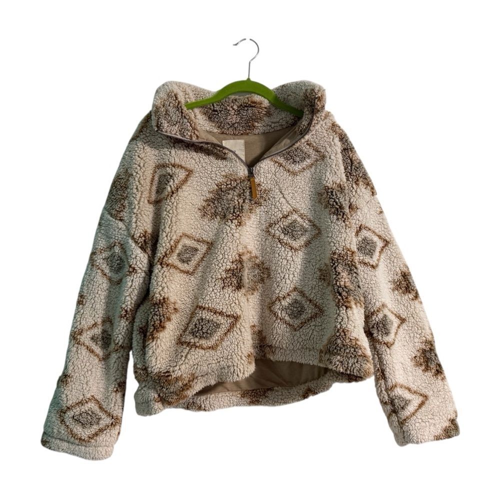 Thread & Supply Sherpa Fleece Half Zip Pullover Medium Beige Brown Aztec - Picture 1 of 8